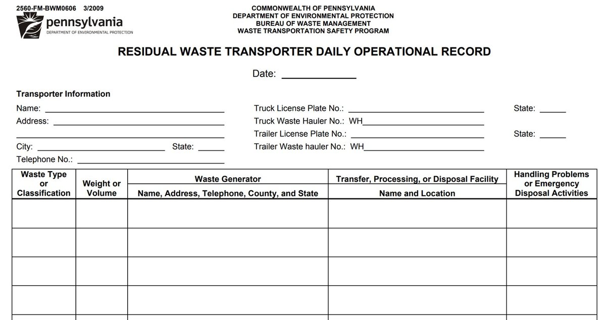 PA DEP Residual Waste Transporter Daily Operational Record — manual paper form used before Salesforce implementation